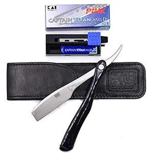 Kasho Captain Folding Straight Edge Razor with Leather Case - 20 Kai Captain Titan Blades Included